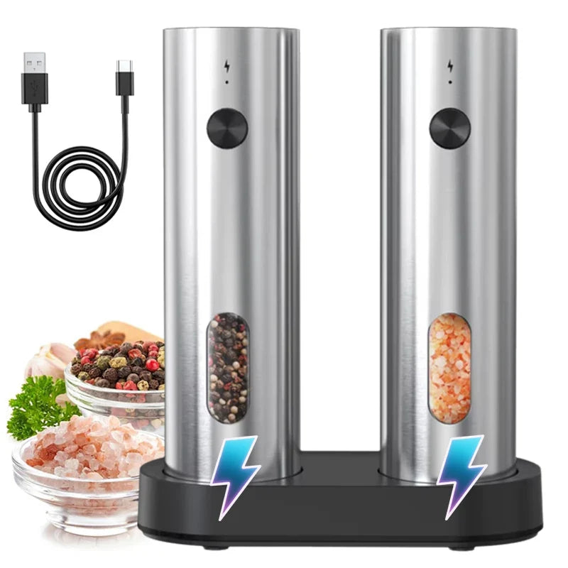 110ml Automatic Rechargeable Salt and Pepper Grinder Set with USB-C - The Silver Spoon