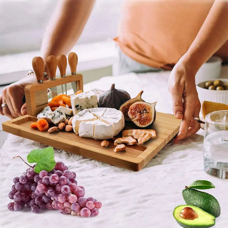 Bamboo Cheese Board with 4 Knives for Weddings and Birthdays - Huisli