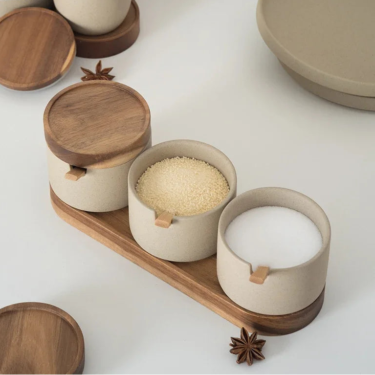 Ceramic Kitchen Spice, Salt and Pepper Jars with Oil Pot - Huisli