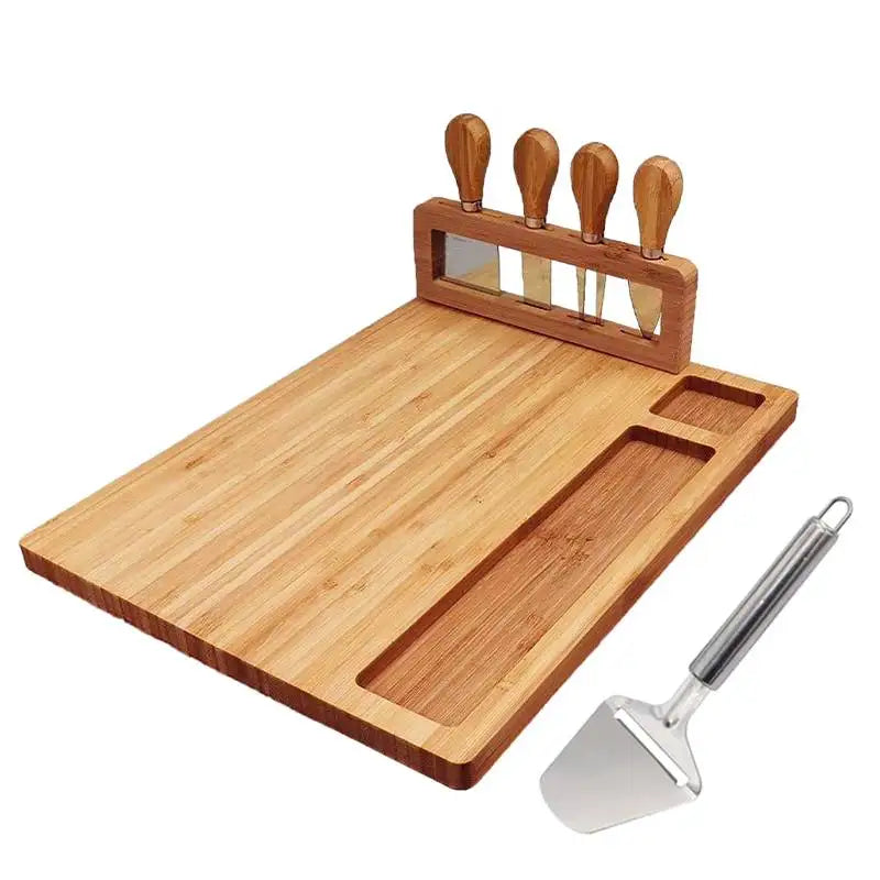 Bamboo Cheese Board with 4 Knives for Weddings and Birthdays - Huisli
