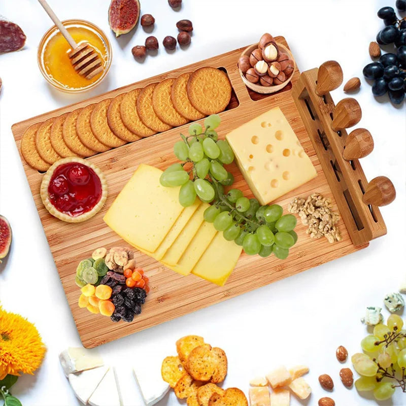 Bamboo Cheese Board with 4 Knives for Weddings and Birthdays - Huisli