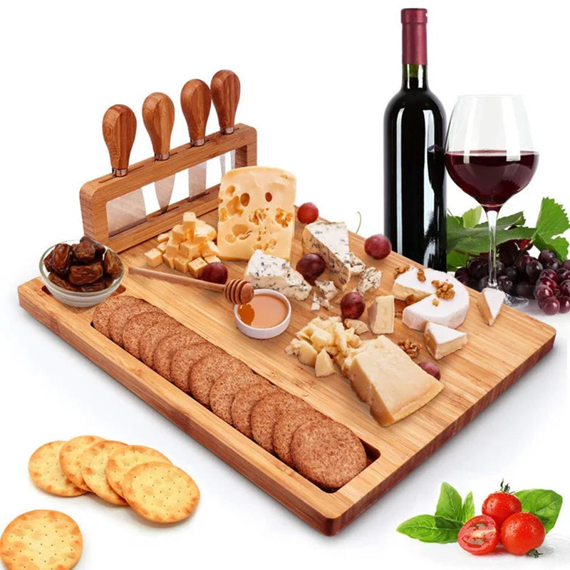 Bamboo Cheese Board with 4 Knives for Weddings and Birthdays - Huisli